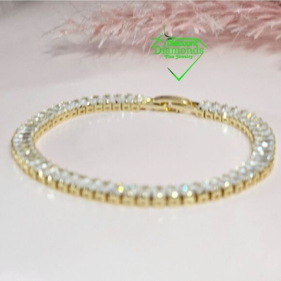 Clear white Baguette Diamond Tennis Bracelet 14K Gold on 925 Sterling Silver - Picture 5 of 10